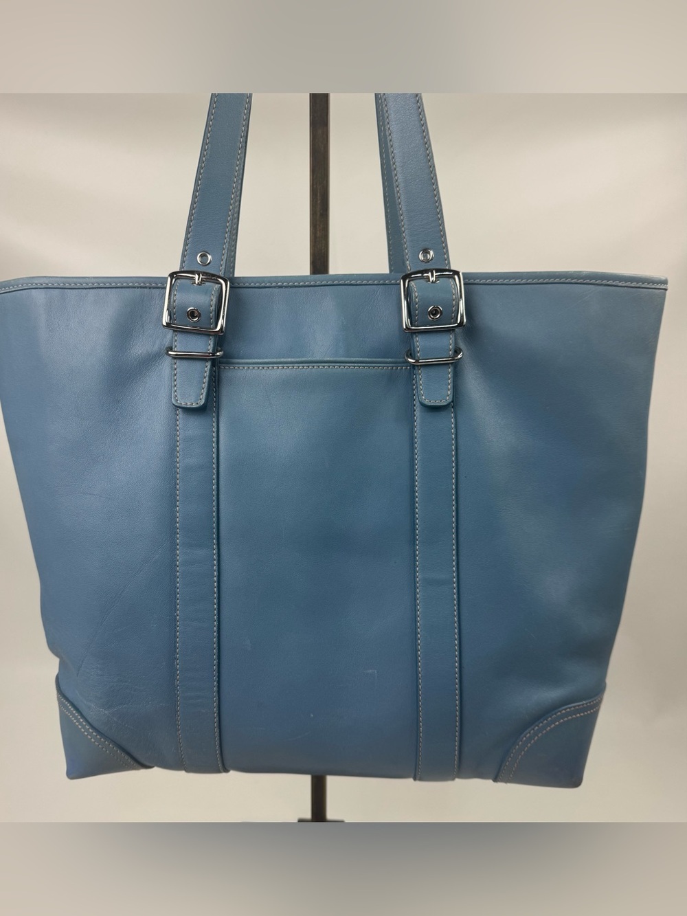 Vintage Coach Blue Leather Tote bag Silver Hardware Signature C lined DO4F-6491